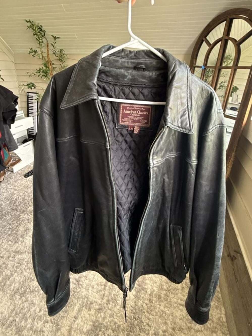 American Classics Vintage Black Genuine Leather Quilted Lined Bomber Jacket L